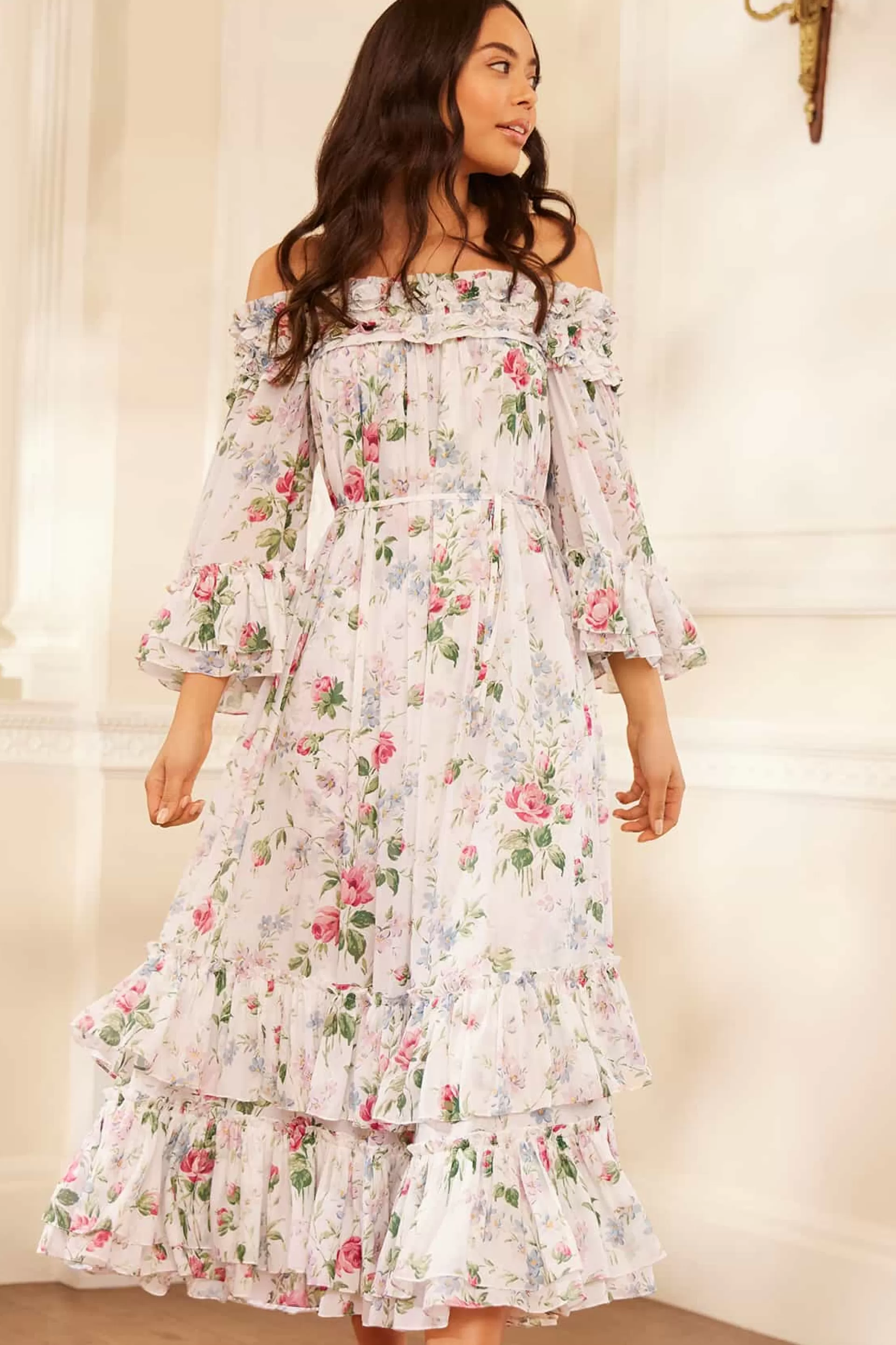 Women Needle & Thread Wedding Guest | Flattering Fit-Floral Fantasy Chiffon Off-Shoulder Ankle Gown