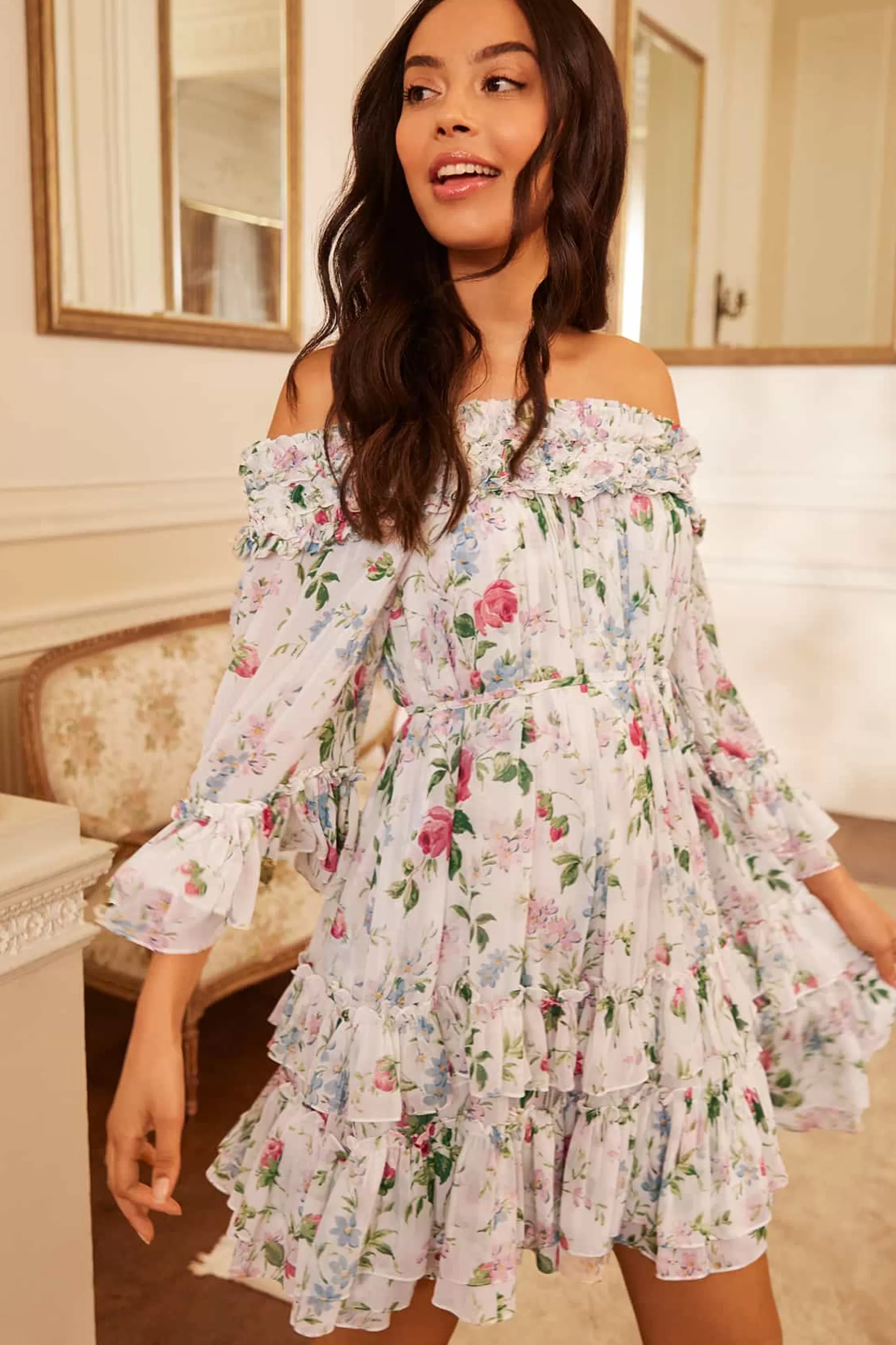 Women Needle & Thread Wedding Guest | Flattering Fit-Floral Fantasy Chiffon Off-Shoulder Micro Mini Dress