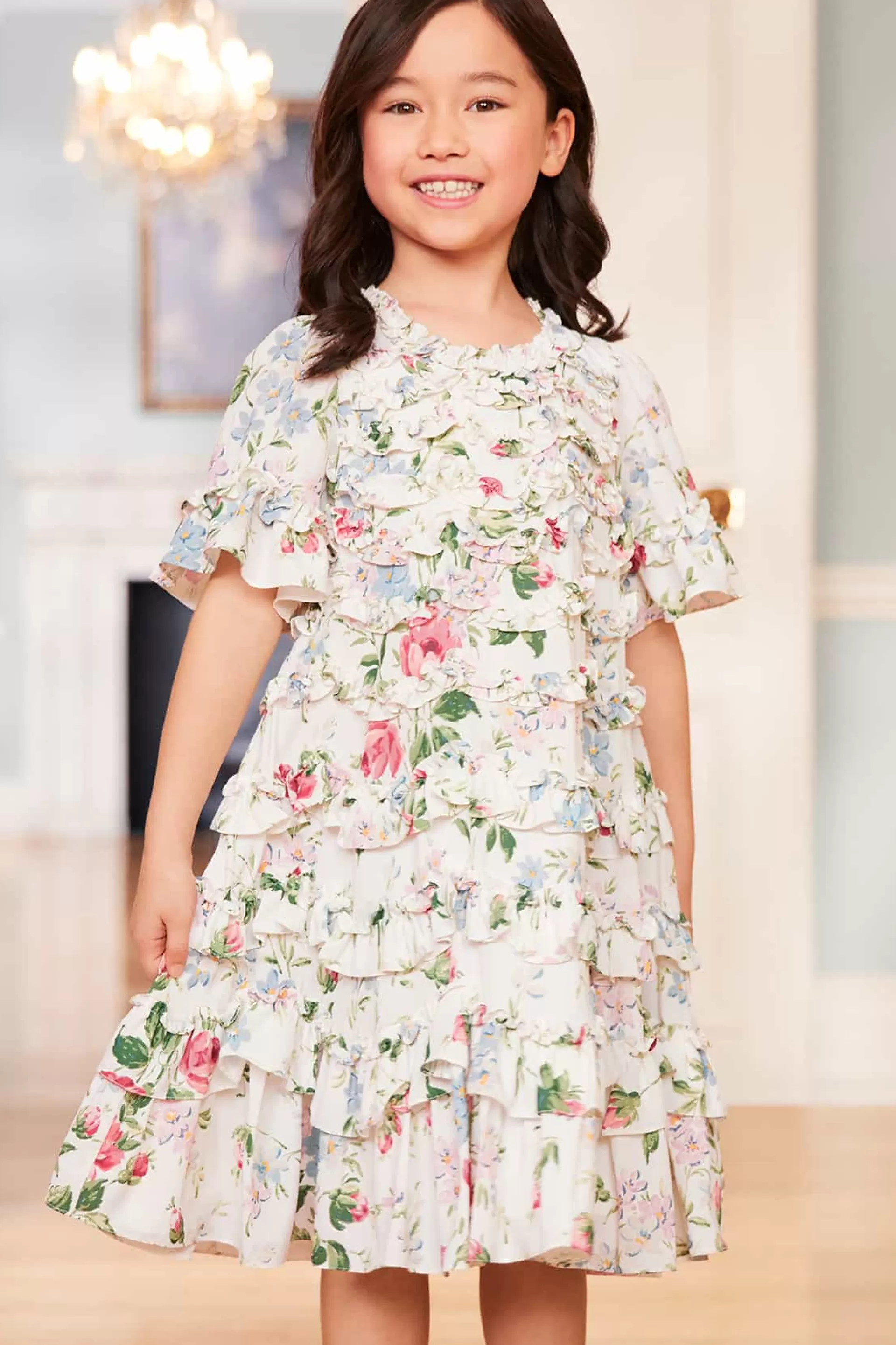 Kids Needle & Thread Mummy & Me | Kids Printed Dresses-Floral Fantasy Crepe Short Sleeve Kids Dress