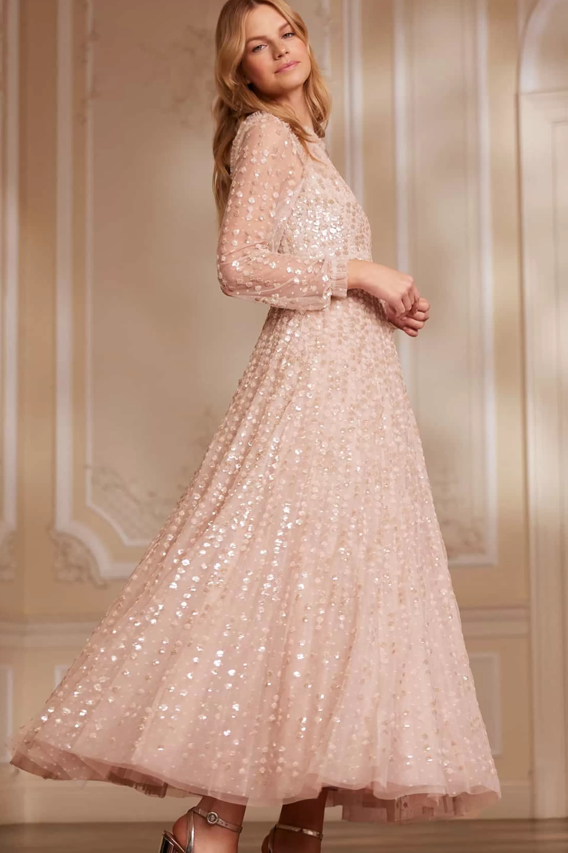 Women Needle & Thread Evening Dresses | Embellished Dresses-Raindrop Long Sleeve Ankle Gown