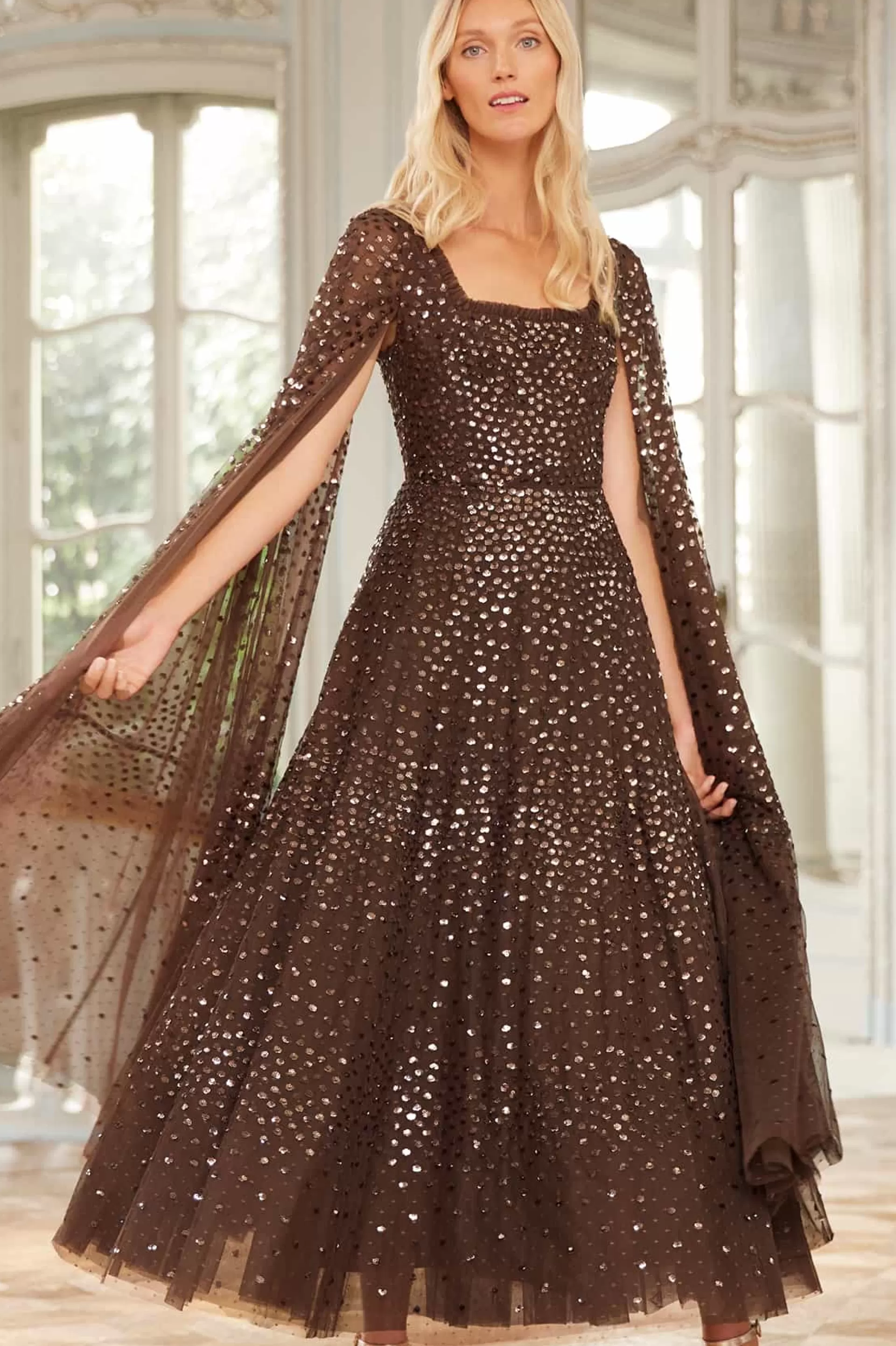 Women Needle & Thread Evening Dresses | Embellished Dresses-Scatter Dot Cape Sleeve Ankle Gown