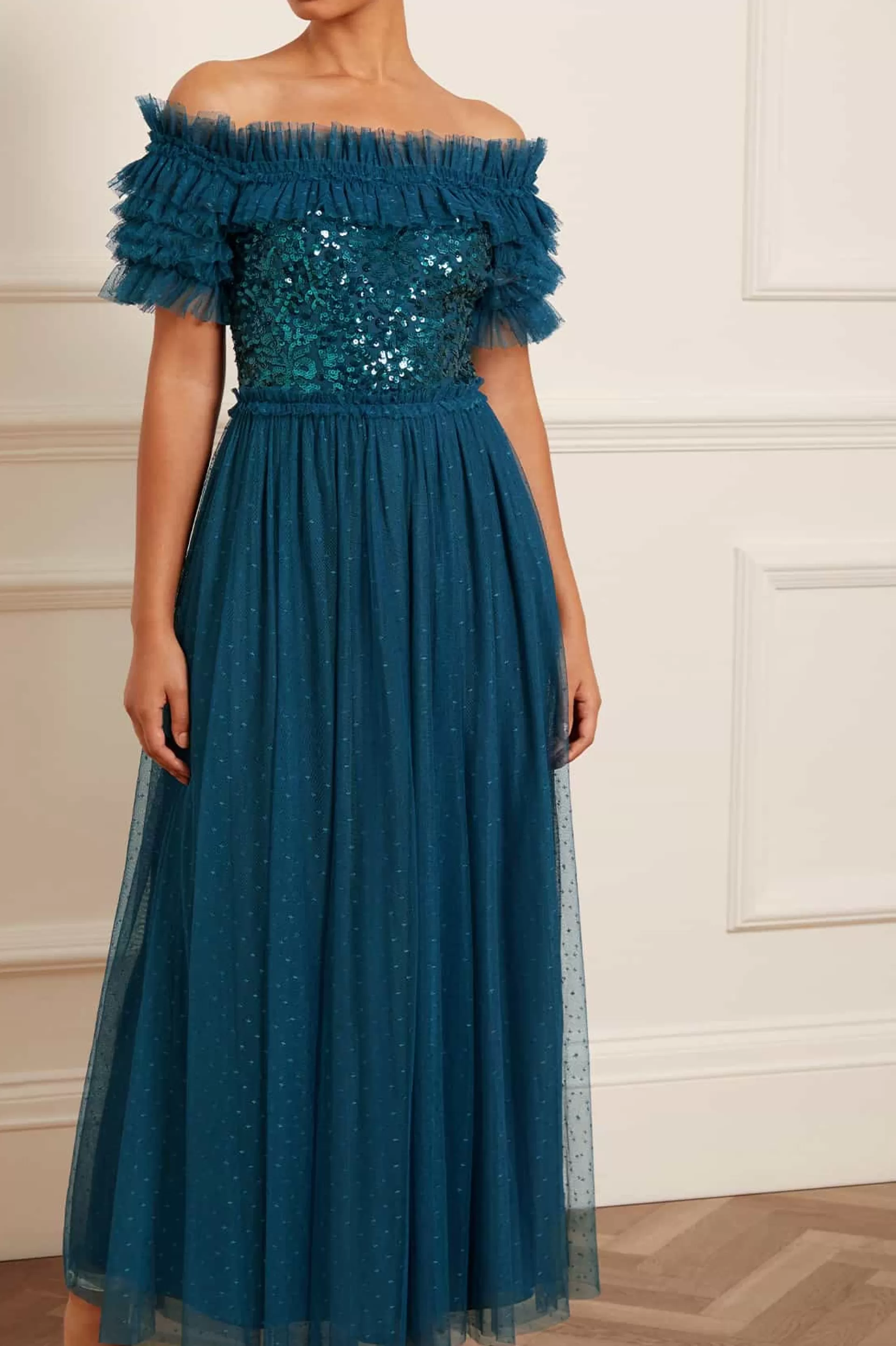 Women Needle & Thread Plus Size | Evening Dresses-Sequin Wreath Bodice Off-Shoulder Ankle Gown