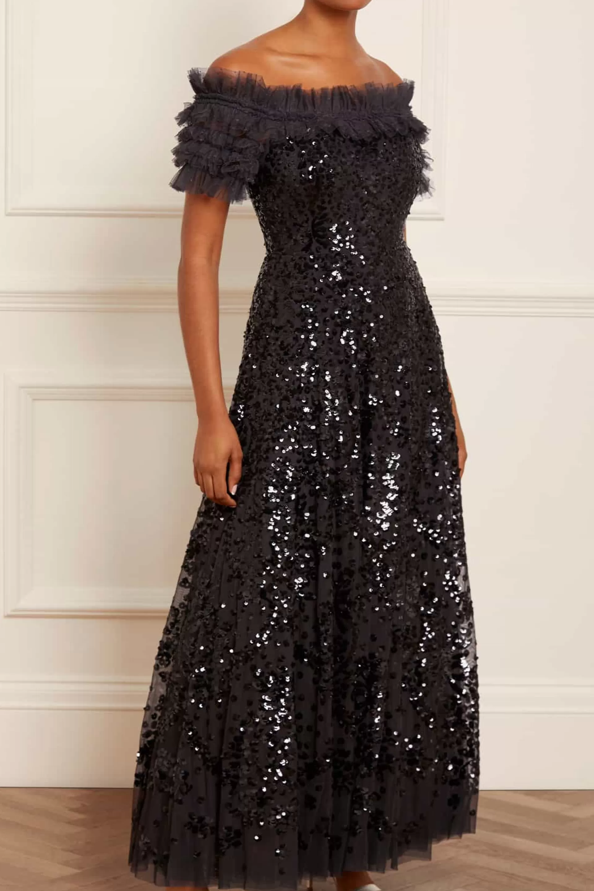 Women Needle & Thread Dresses-Sequin Wreath Off-Shoulder Gown