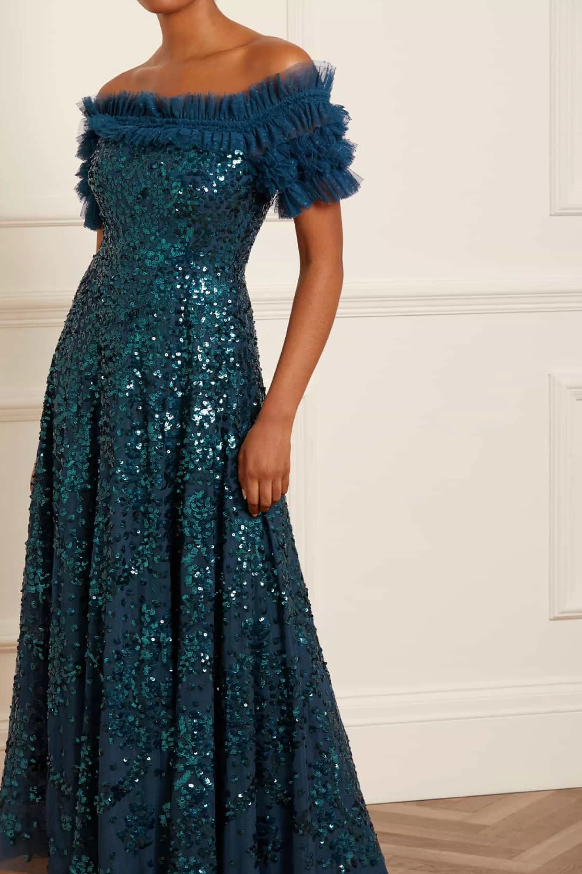 Women Needle & Thread Dresses-Sequin Wreath Off-Shoulder Gown