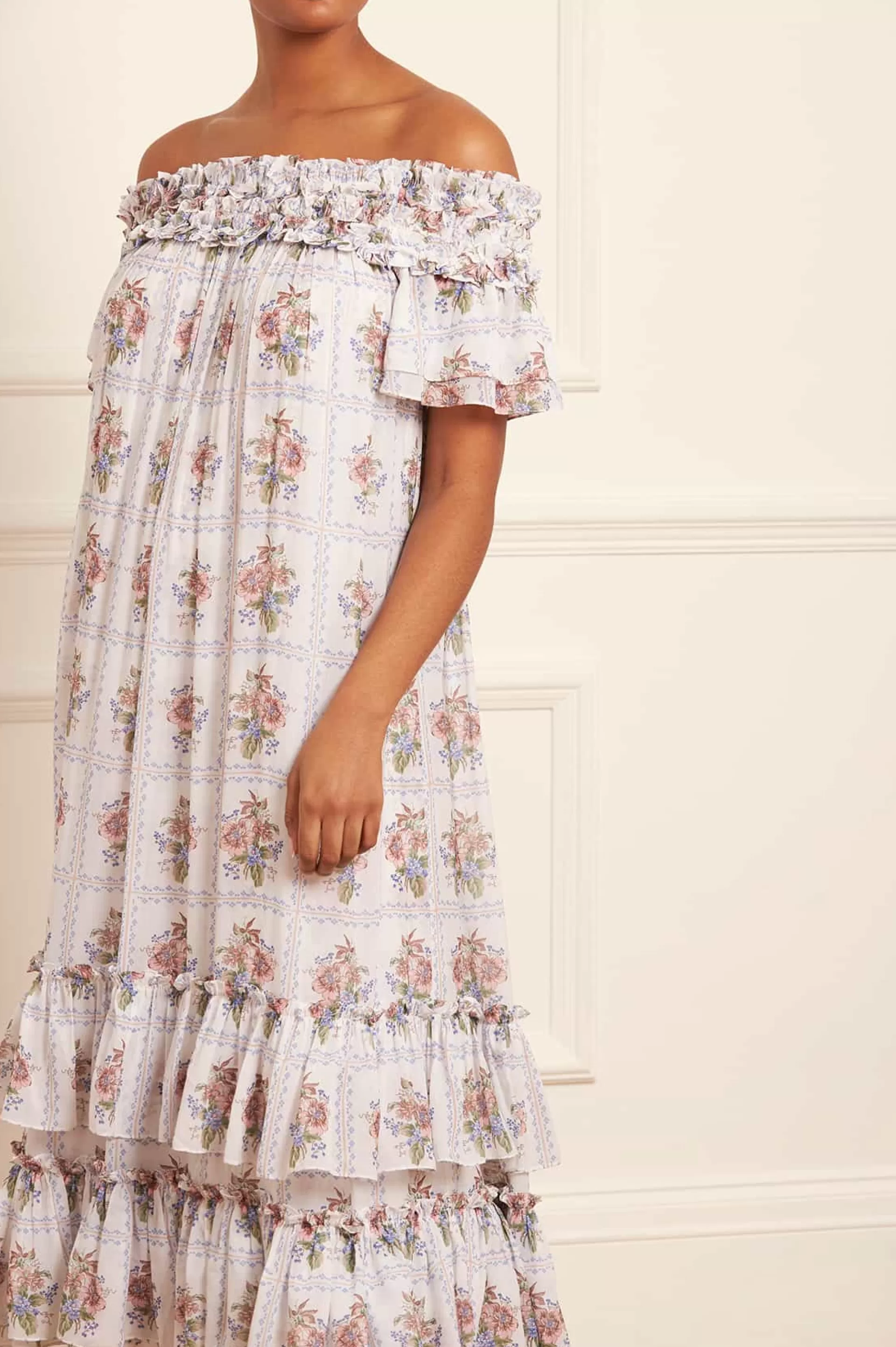 Women Needle & Thread Wedding Guest | Flattering Fit-Tiled Blooms Chiffon Off-Shoulder Ankle Gown