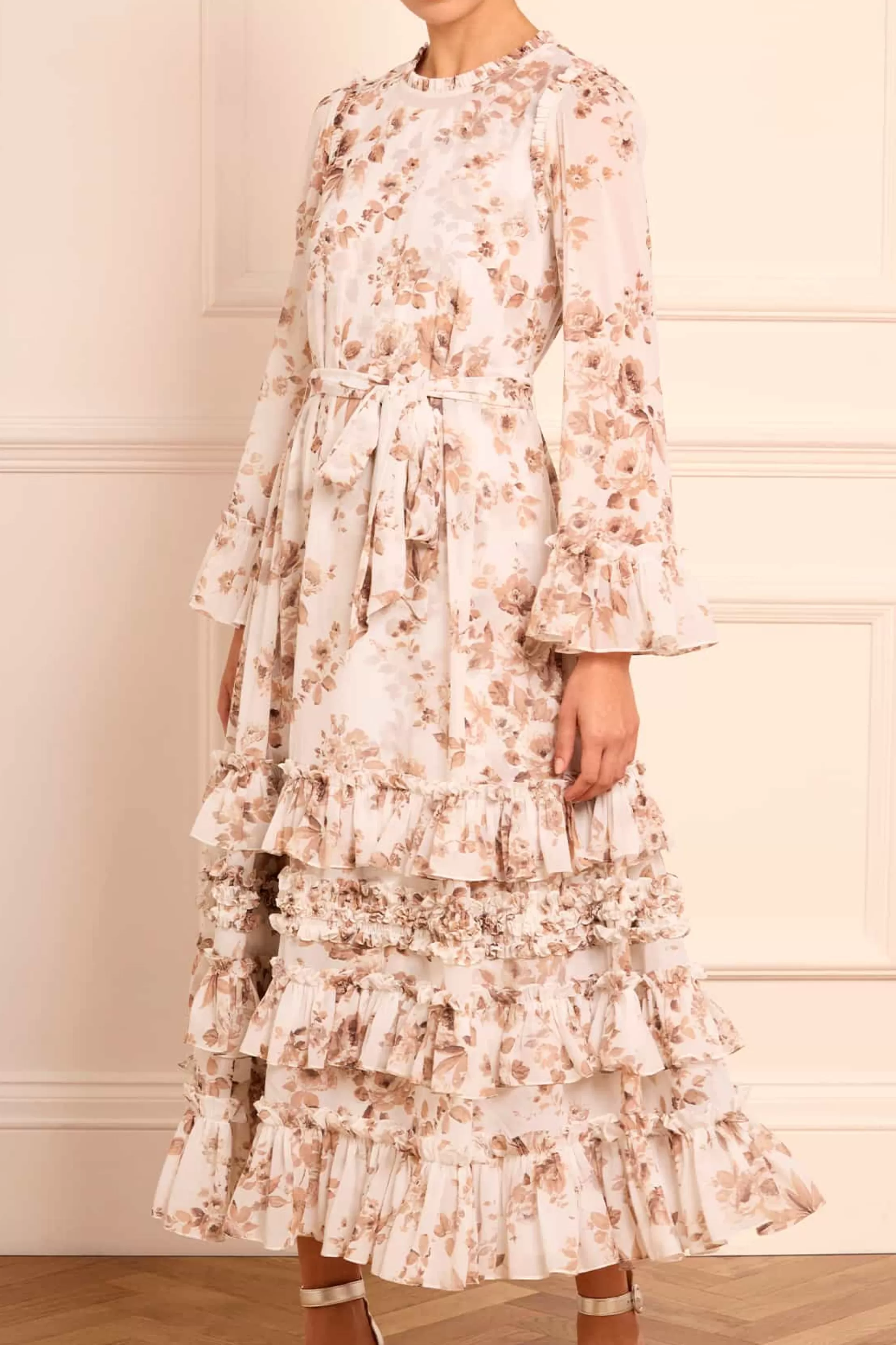Women Needle & Thread Wedding Guest | Flattering Fit-Vintage Rose Chiffon Round Neck Ankle Gown